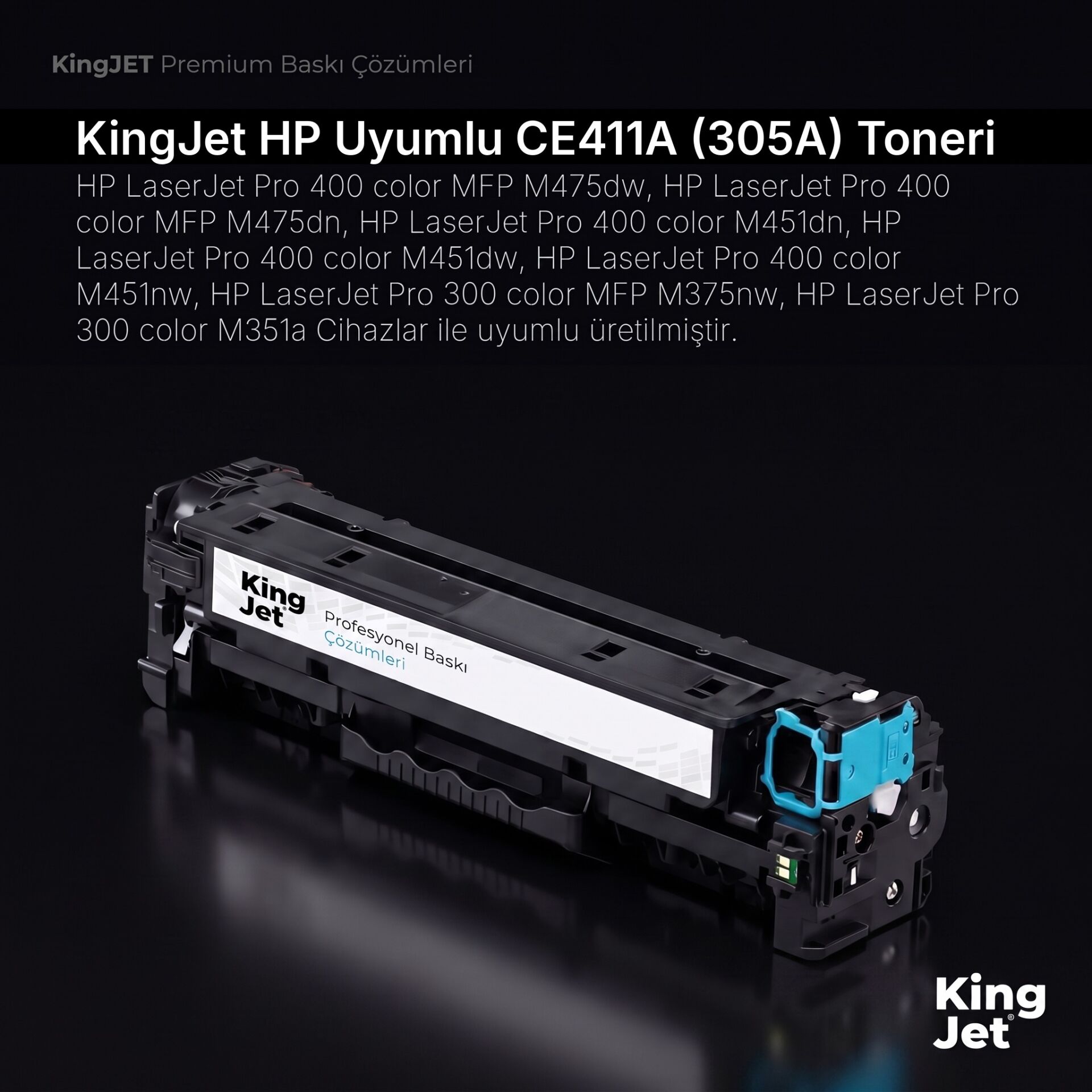 KingJET HP Uyumlu CE411A Mavi Standart Kapasiteli (Tekli) Çipli Muadil Toner | LaserJet Pro 400 Color M451dn