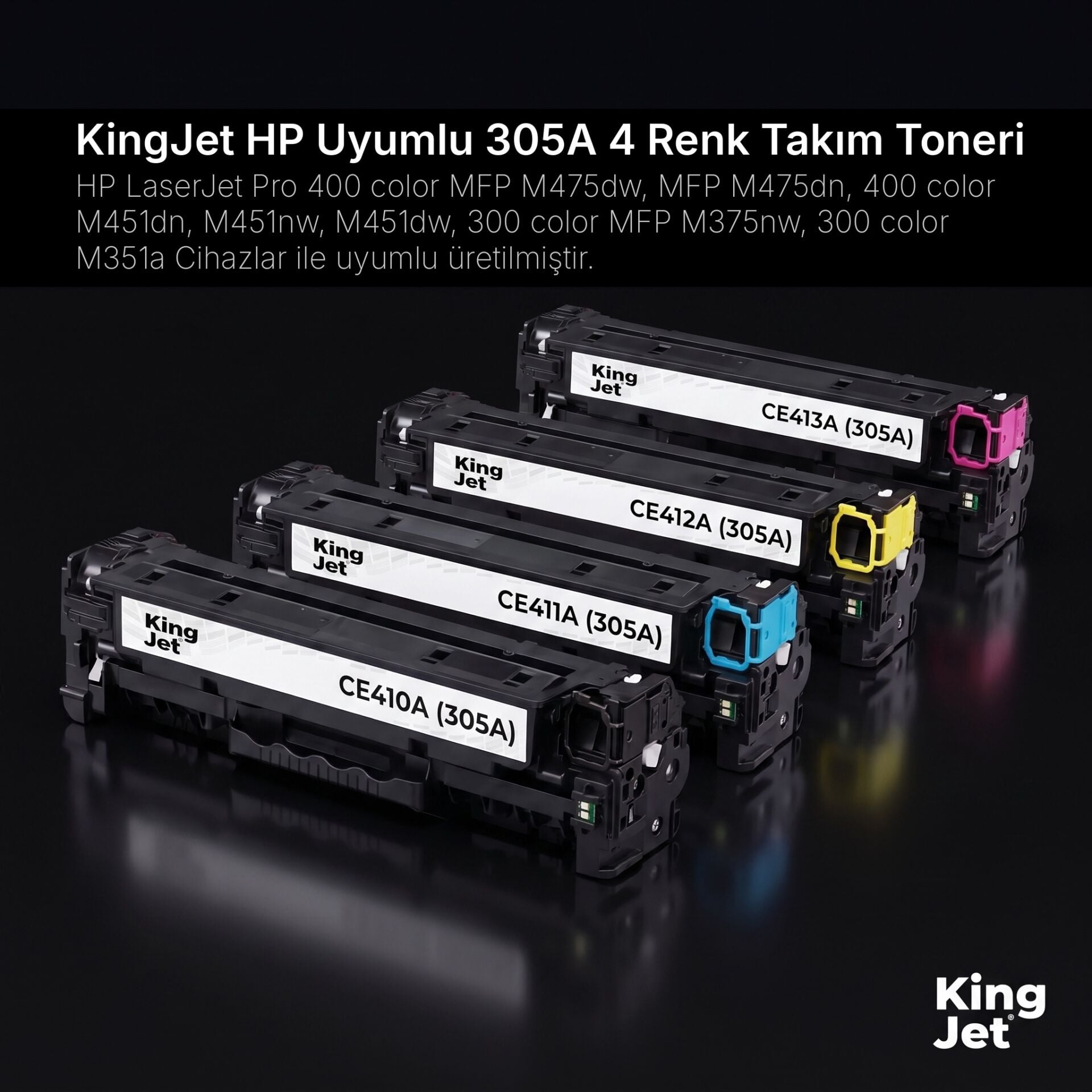 KingJET HP Uyumlu 305A 4 Renk Standart Kapasiteli (Takım) Çipli Muadil Toner | HP LaserJet Pro 300 Color M351a