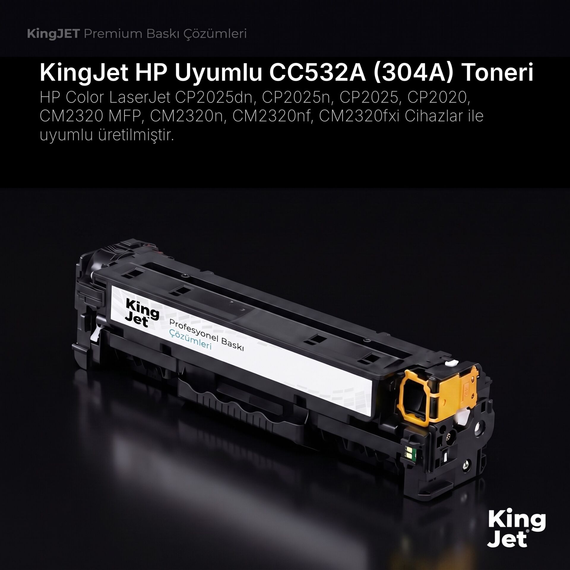KingJET HP Uyumlu CC532A (304A) Sarı Standart Kapasiteli (Tekli) Çipli Muadil Toner | HP Color LaserJet CP2025n